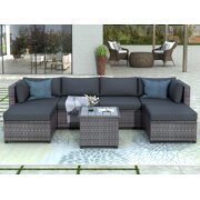 7 Piece Rattan Sectional Sofa Set, Outdoor Conversation Set, All-Weather Wicker Sectional Seating Group with Cushions & Coffee Table, Morden Furniture Couch Set for Patio Deck Garden Pool, B722