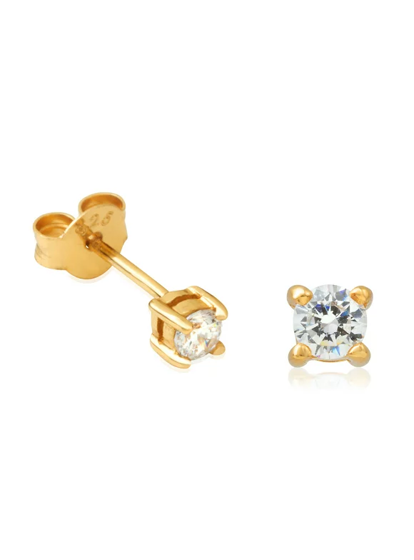 18K Yellow Gold Plated Sterling Silver CZ Stud Earrings, Pronged Round
