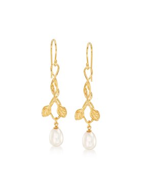 Ross-Simons 6.5-7mm Cultured Pearl Leaf Vine Drop Earrings in 18kt Gold Over Sterling