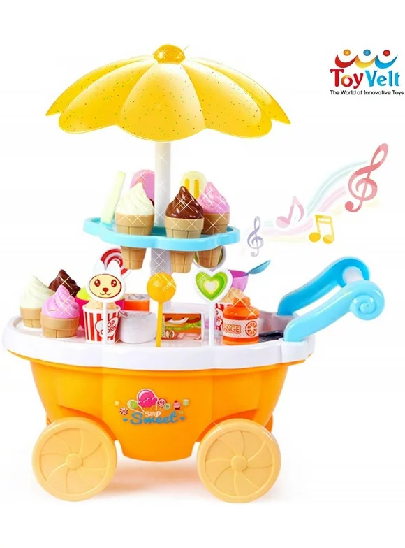 ToyVelt Ice Cream Toy Cart Play Set for Kids - 39-Piece Pretend Play Food - Educational Ice-Cream Trolley Truck with with Music & Lighting - Great Gift for Girls and Boys Ages 2 - 12 Years Old
