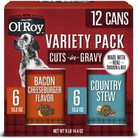 Ol' Roy Cuts in Gravy Wet Dog Food Variety Pack, Bacon Cheeseburger Flavor and Country Stew Flavor, 13.2 oz, 12 Pack