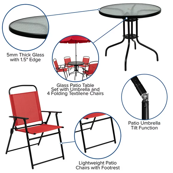 Flash Furniture Nantucket 6 Piece Red Patio Garden Set with Umbrella Table and Set of 4 Folding Chairs