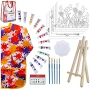 Paint Easel Kids Art Set 28-Piece Acrylic Painting Supplies Kit with Storage Bag, 12 Non Toxic Washable Paints, 1 Scratch Free Easel, 6 Pre-Stenciled Canvases 8 x 10 inches, 5 Brushes,