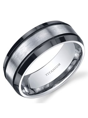 Men's 8mm Black and Silver Beveled Wedding Band Ring in Titanium