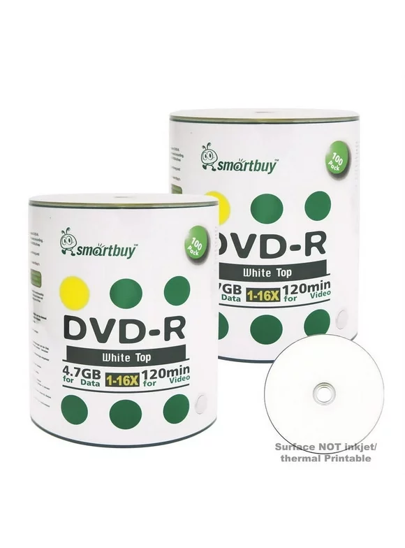 200 Pack Smartbuy 16X DVD-R 4.7GB 120Min White Top (Non-Printable) Data Blank Media Recordable Disc