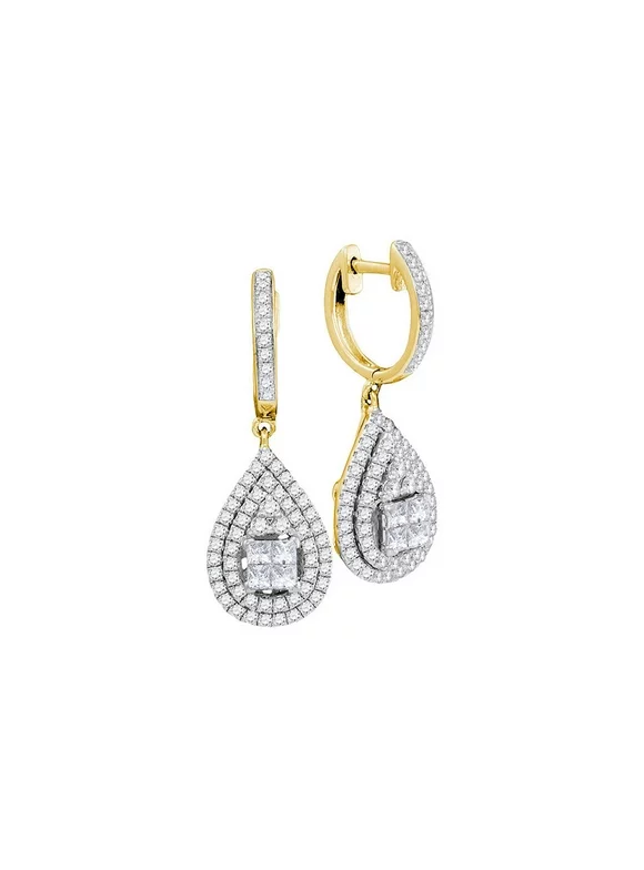 FB Jewels 14kt Yellow Gold Womens Princess Round Diamond Teardrop Frame Cluster Earrings 1.00 Cttw