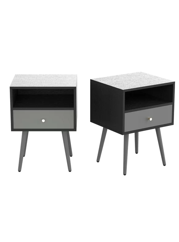 Modern Nightstand with Storage Drawer, Set of 2, Chic Modern Simple Assembly Bedroom End Side Table, Solid Wood Legs, Sofa Table, Suitable for Bedroom, Living Room, Dark Gray