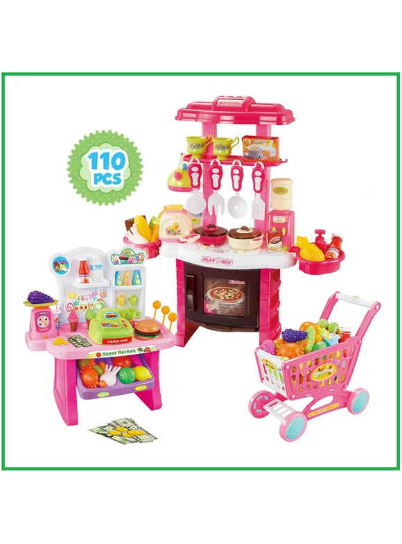 Mundo Toys Mini Supermarket Pink 3 in1 Kitchen Set for Kids Play Food 110 Pcs for Toddlers Girls +3