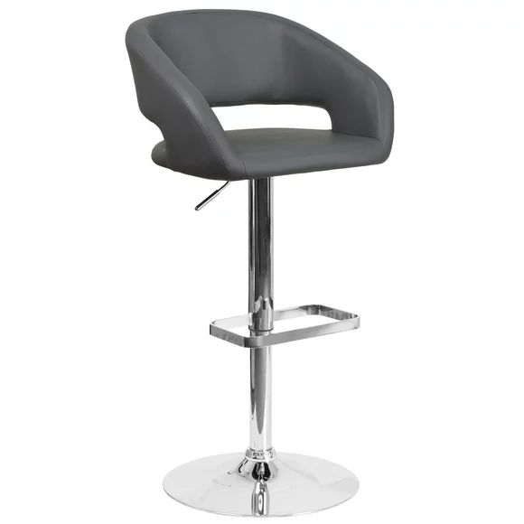 Flash Furniture Erik Contemporary Gray Vinyl Adjustable Height Barstool with Rounded Mid-Back and Chrome Base