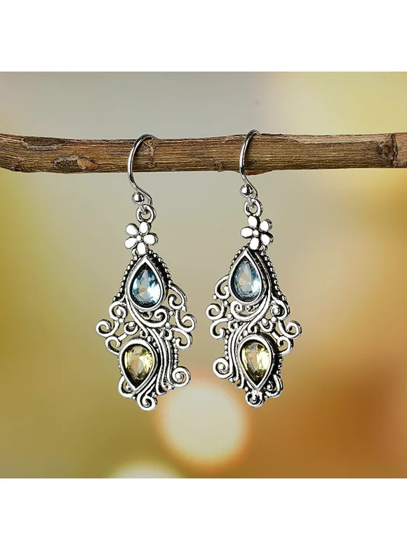 Besufy Vintage Women Water Drop Rhinestone Flower Dangle Hook Earrings