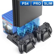 Vertical Stand for PS4 Slim/PS4 Pro/Regular PS4 Controller Charger with 3 Cooling Fan Games Storage, EXT Dual Charging Station for PlayStation 4 Console Dualshock Controller Accessories