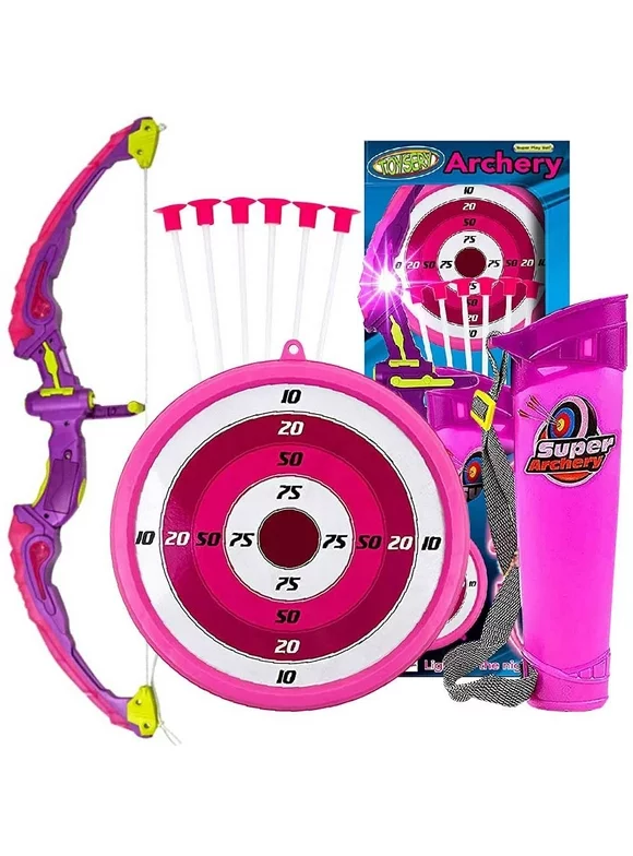 Toysery Dark Pink Bow and Archery for Kids with LED Flash Lights - Bow and arrow for kids with Suction Cups Arrows, Target, and Quiver - pink bow and arrow for girls