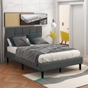 Gray Twin Bed Frame for Adults Kids, Modern Upholstered Platform Bed Frame with Headboard, Heavy Duty Twin Size Bed Frame Bedroom Furniture with Wood Slats Support, No Box Spring Needed, Q10614