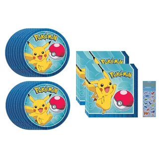 Pokemon Birthday Party Supplies Bundle includes 16 Dessert Cake Plates and 16 Beverage Cake Napkins (Bundle for 16)