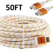 CableVantage 50FT 50 FT HDMI Cable, HDMI Cable HDMI-50FT Gold-Plated High Speed HDMI Cable [ Support 3D | Ethernet | Audio Return] For PS4 Xbox One PC HDTV White Mesh Braided Nylon Cord, Gold Tip