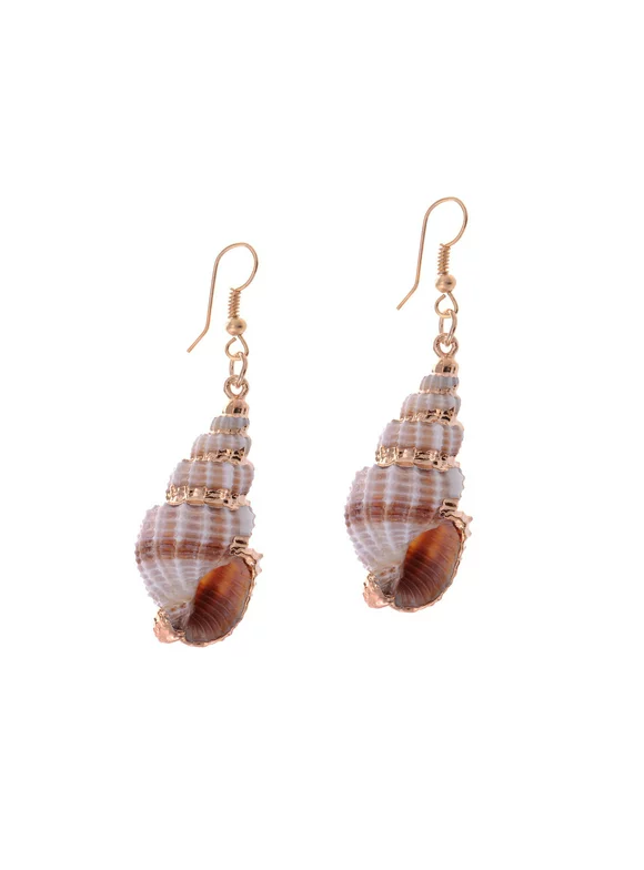 Alilang Womens Brown Golden Accent Ocean Seashell Conch Mermaid Sea Witch Drop Dangle Earrings, Gold Rust