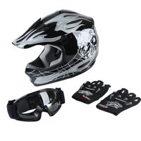 TCMT DOT Helmet for Kids & Youth Black Skull with Goggles & Gloves for Atv Mx Motocross Offroad Street Dirt Bike L Size