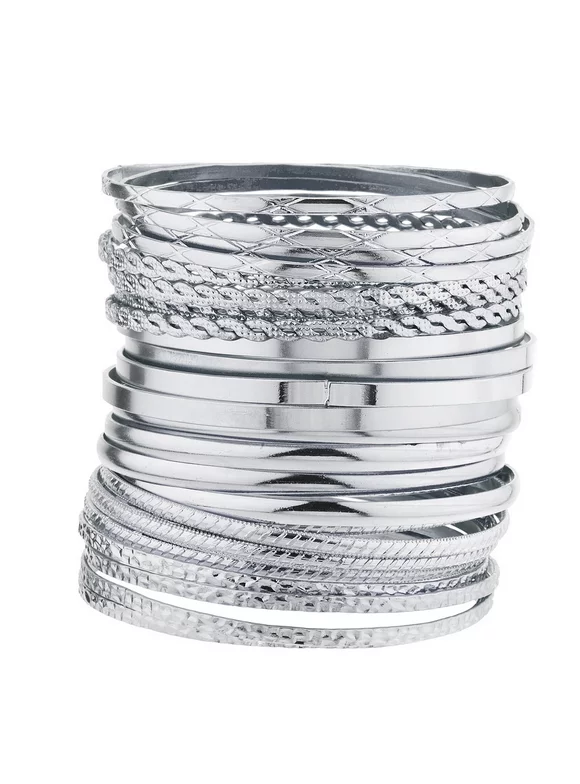Lux Accessories Silver Tone Multi Textured and Smooth Aztec Bangle Set