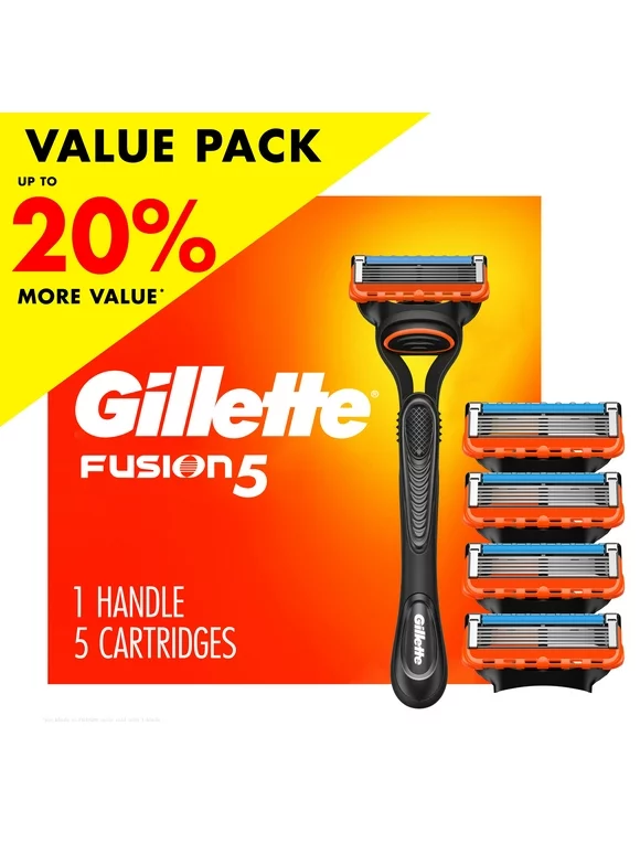 Gillette Fusion5 Men's Razor Value Pack, 1 Handle & 5 Razor Blade Refills, Black