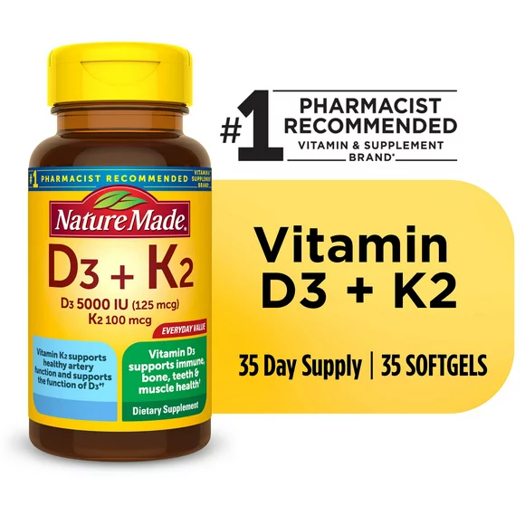Nature Made Vitamin D3 K2 Softgels, Dietary Supplement, 35 Count