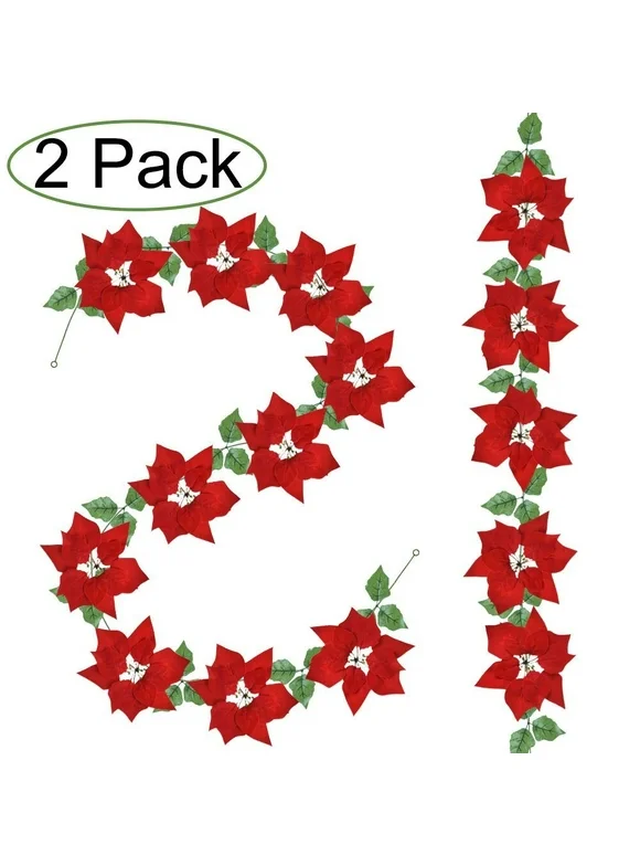 2 Pack Christmas Red Poinsettia Garland Christmas Decorations Christmas Garland with Holly Leaves and Red Berries for Christmas Party Holiday Front Door Wreath Decor