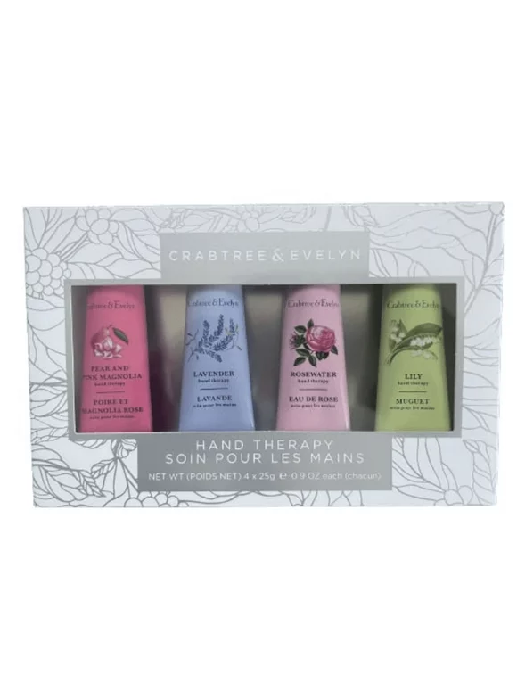 Crabtree & Evelyn Hand Therapy 4 Pack Gift Set (Rosewater, Lavender, Lily, Pear and Pink Magnolia .9oz EACH)