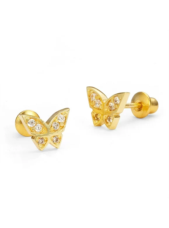 14k Gold Plated Brass Butterfly Cubic Zirconia Screwback Baby Earrings with Sterling Silver Post