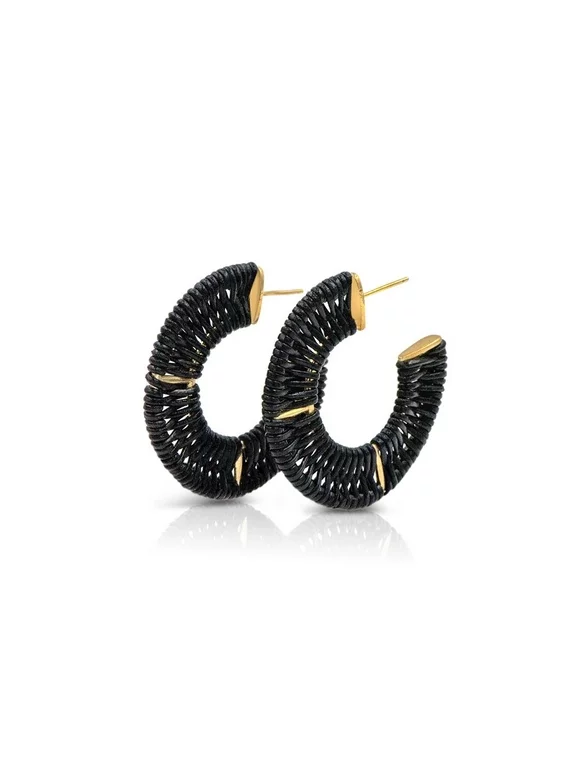 Black Leather Hoop Earrings In Gold Filled, Hypoallergenic, Lightweight, 2"