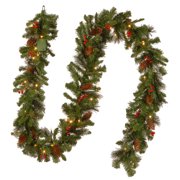 National Tree 9' x 10" Crestwood Spruce Garland with Silver Bristle, Cones, Red Berries and Glitter with 50 Battery Operated Soft White LED Lights