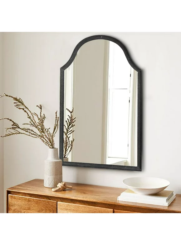 40 Inches Hammered Metal Frame Wall Mirror with Arched Top, Black- Saltoro Sherpi