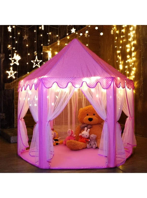 WALFRONT Princess Castle Playhouse Kids Play Tent Outdoor and Indoor Children Girls Pink Play Tent Gift with Star Lights (55"x53"/DxH)