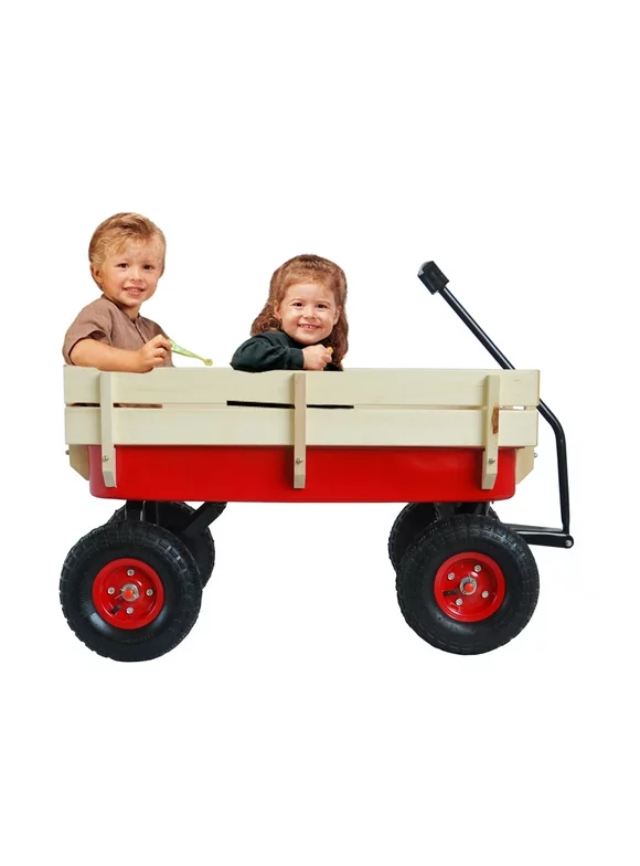 YOFE Baby Wagon for Cargo, Utility Wagon Carts with Wheels, 330-lbs Capacity, Carrier Toy Wagon for Kids with Comfortable Handle, Removable Wood Panels, Garden Beach Wagon for Yard Lawn, Red, D1828