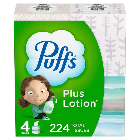 Puffs Plus Lotion Facial Tissue, Cube, 56 Tissues Per Box, 4 Count