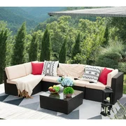 LACOO 6 Pieces Patio Conversation Set Rattan Outdoor Sectional Set All Weahther Wicker with Chushions and Table(Beige)