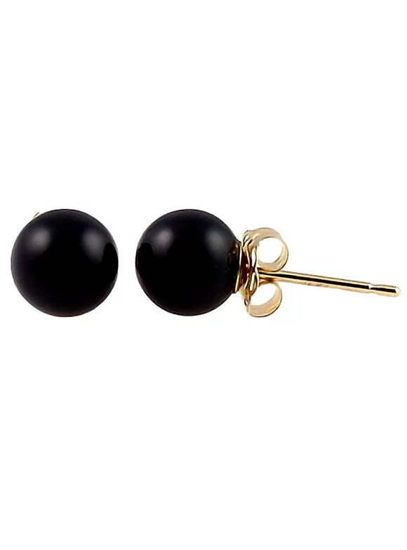 Natural Black Onyx 6mm Ball Stud Earrings 14K Yellow Gold Posts