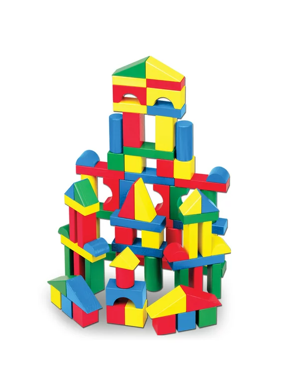 Melissa & Doug Wooden Building Blocks Set - 100 Blocks in 4 Colors and 9 Shapes - FSC-Certified Materials