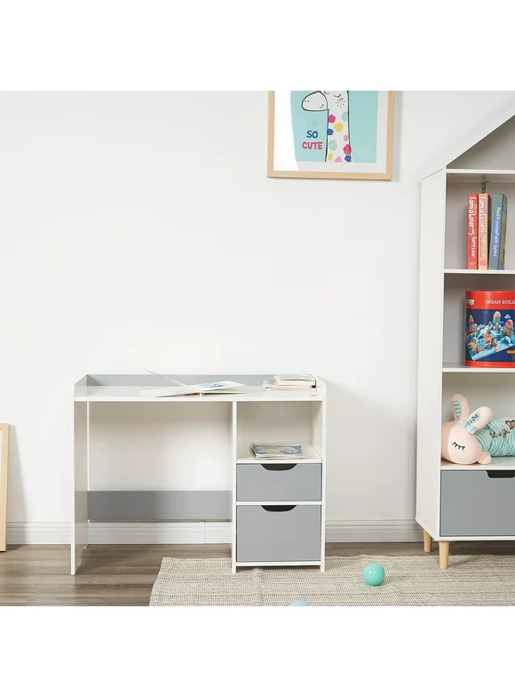 Unbrand Kids Wooden Desk, Kids Computer Desk, Has Drawer, White and Gray