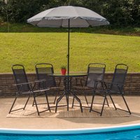 6 Piece Black Patio Garden Set with Umbrella Table and Set of 4 Folding Chairs
