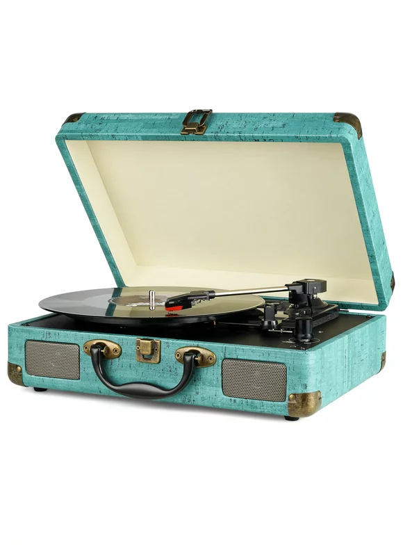 DIGITNOW Record Player Vintage 3-Speed Bluetooth Vinyl Turntable with Stereo Speaker, Belt Driven Suitcase Vinyl Record Player (Blue)