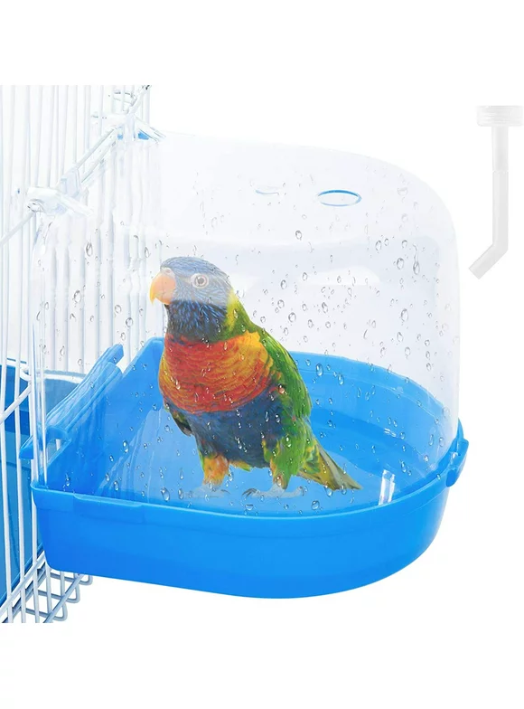 Bird Bath Box,Parakeet Caged Bird Bathing Tub with Water Injector for Small Birds Canary Budgies Parrots,Blue