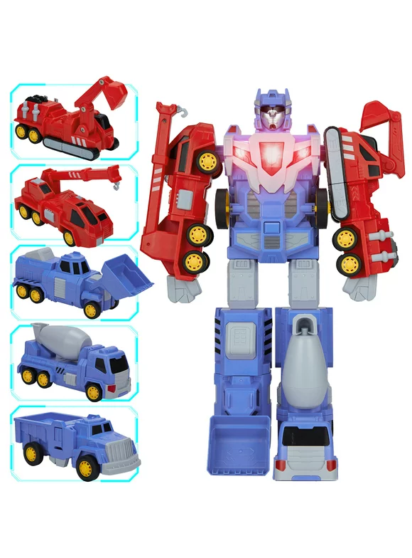 5-in-1 Transformers Toys, Kids Robot Toys for Boys,Construction Vehicles Transform into Giant Robot Action Figures,Assemble Toys w/ Light & Sound, Giant Pull-Back Truck Toys for Boys Toddler