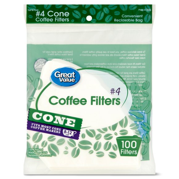 Great Value #4 Cone Coffee Filters, 100 Count