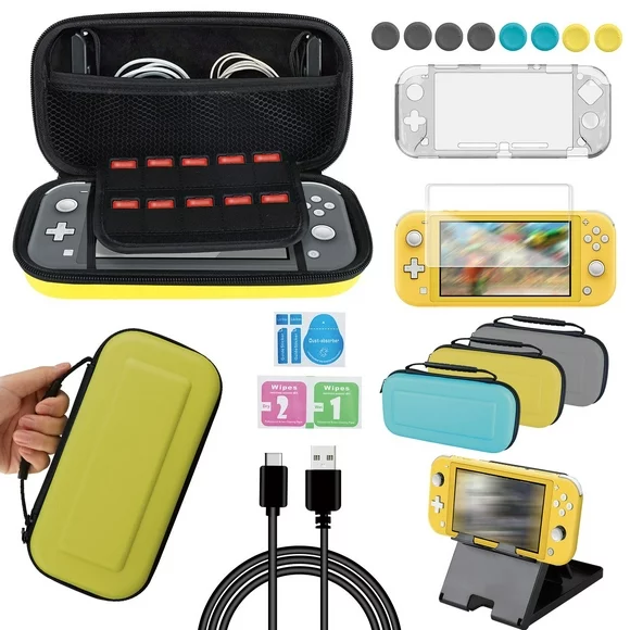 Accessories Kit for Nintendo Switch Lite, EEEkit Accessories Bundle with Carrying Case, Protective Cover Case, Tempered Glass Screen Protector, Adjustable Play Stand, Thumb Grips, Type C Cable