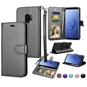 Njjex Wallet Case For Samsung Galaxy S9 Plus / Galaxy S9, Njjex Buit in 3 Card Slot PU Leather Magnetic Protective Cover with Photo Window and Wrist Strap Wallet Cases Cover -Black