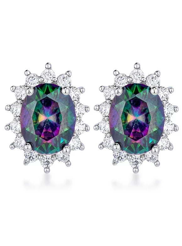 Precious Stars Silvertone Aurora Borealis Cubic Zirconia Oval Royal Earrings