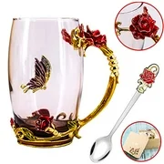 Tea Cup, Mothers Day Gifts, Coffee Mug, Clear Glass Cups with Spoon Set, Lead Free Handmade Butterfly, Unique Rose Flower Enamel Design, Birthday Decoration Wedding Gift Ideas (Red Tall)