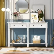 Console Table Buffet Cabinet Sideboard Sofa Table with 2 Storage Drawers, Bottom Shelf, Solid Wood Frame Buffet Sideboard Desk Console Table Entryway Table, 58"L x 11"W x 34"H, Antique Grey, Q7168