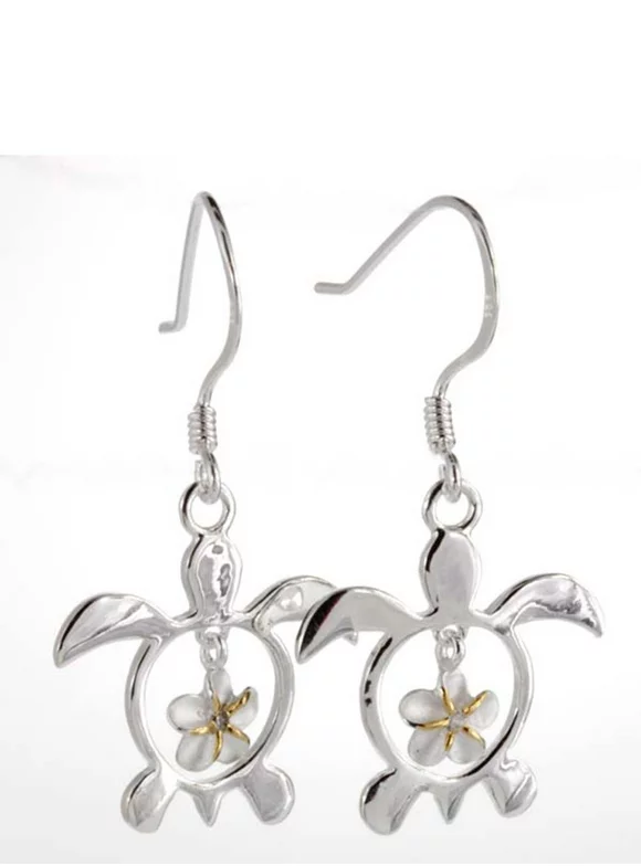 R.H. Jewelry Sterling Silver Turtle and Plumeria Flower Dangling  Earrings
