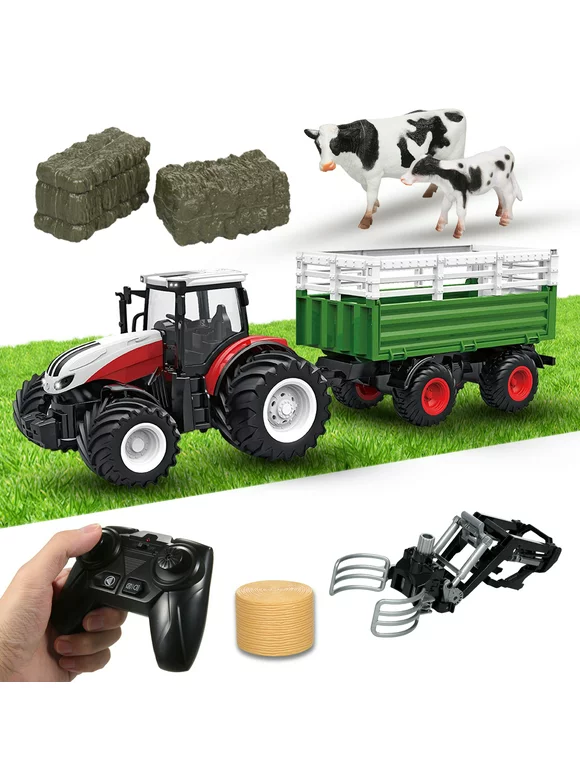 Dcenta Remote Control Tractor Toy, 2.4 Ghz Farm RC Tractor with Tractors, Trailer, Gripper, Cows, Hay Bales, Farm Rc Truck Vehicle for Kids Toddler