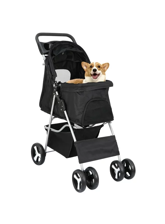 HomGarden 4 Wheel Pet Dog Stroller Foldable Carrier Strolling Cart for Small Medium Dog, Cat W/ Storage Basket & Cup Holder